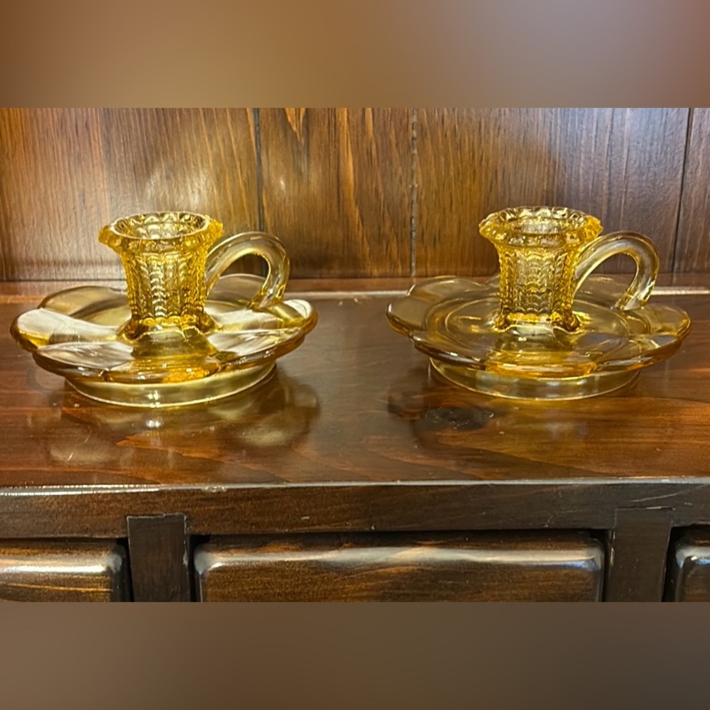 Vintage Kemple Wheaton Amber Depression Glass Candlestick Holders